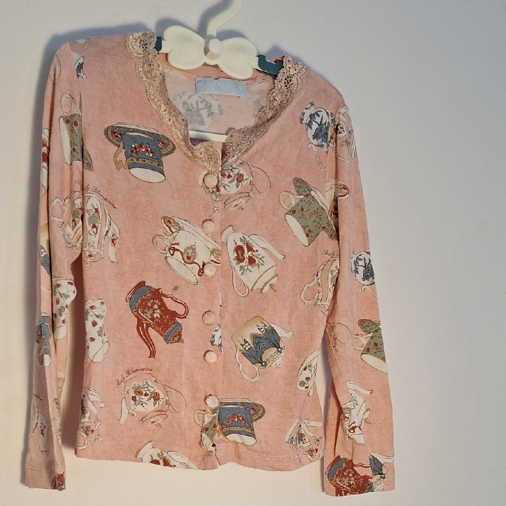 Baby Blumarine Gem Detail Crystal Pink Cardigan with Teacup Print Stretch